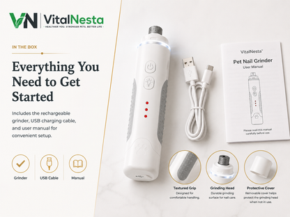 VitalGroom nail grinder with USB charging cable and user manual
