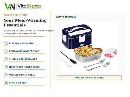 VitalHeat Dual-Power Electric Lunch Box XL with divided tray, food container, household and vehicle cables, spoon, and fork