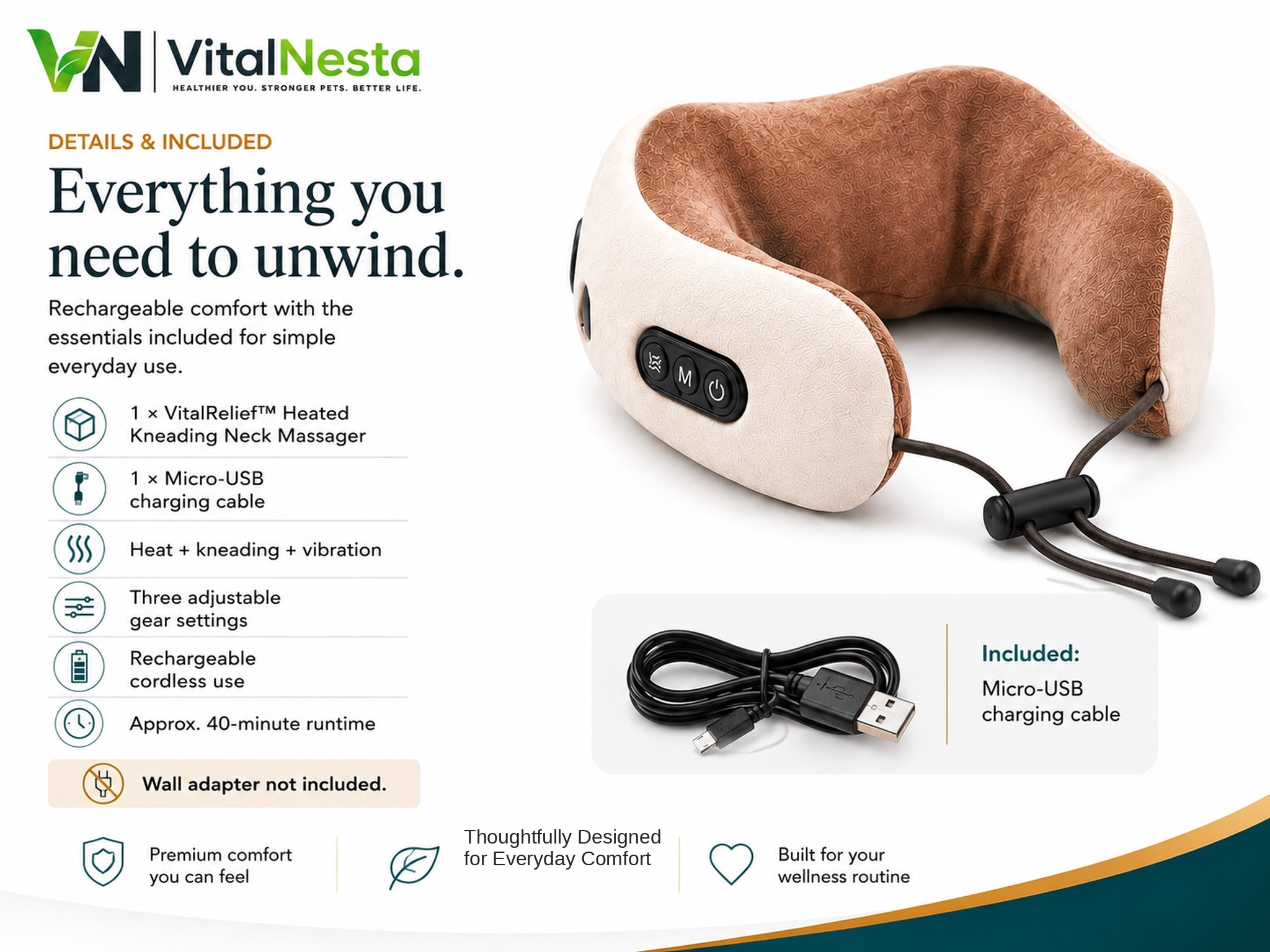 VitalRelief™ Heated Kneading Neck Massager with included Micro-USB charging cable and product features
