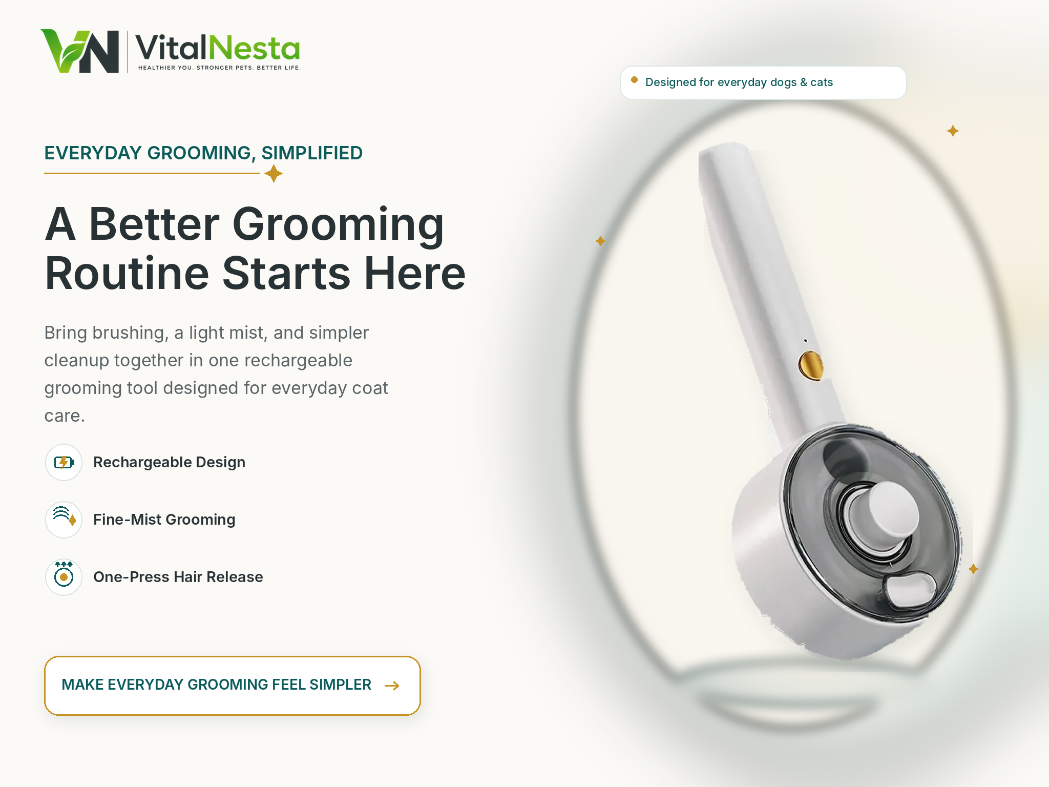 VitalGroom rechargeable mist brush showing the top controls, mist function, and USB rechargeable design