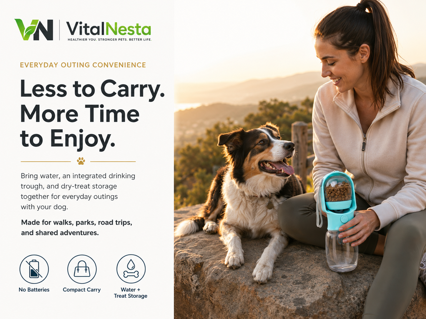 Portable pet water and treat bottle reducing the need to carry separate outing containers