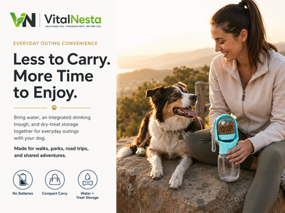 Portable pet water and treat bottle reducing the need to carry separate outing containers