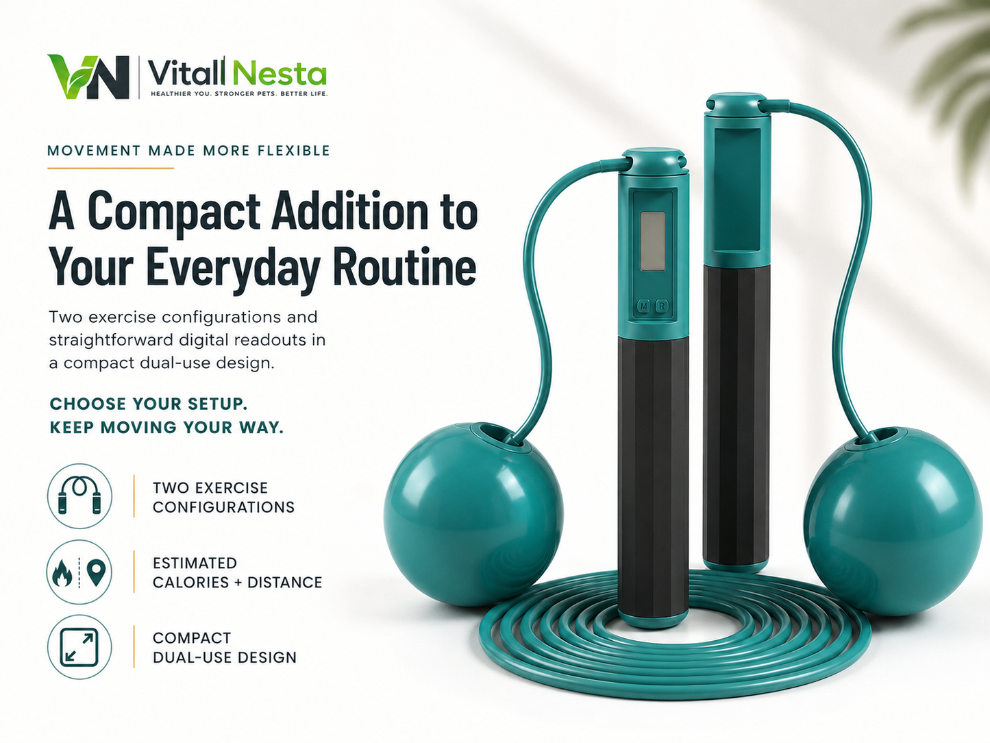 VitalFlex Digital Jump Rope in Ink Green shown for portable corded or cordless training