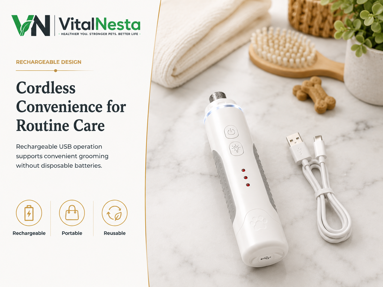 VitalGroom rechargeable pet nail grinder beside its USB charging cable