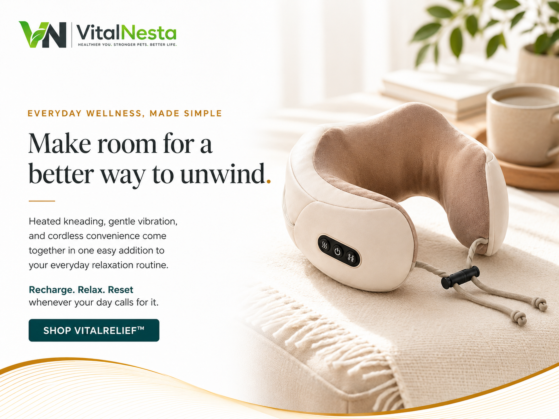 VitalRelief™ Heated Kneading Neck Massager in a relaxing home setting for everyday wellness and relaxation