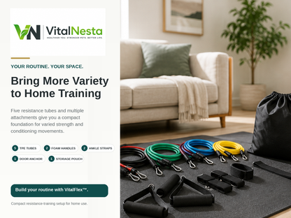 VitalFlex resistance training kit arranged for a compact home workout with five tubes and included attachments