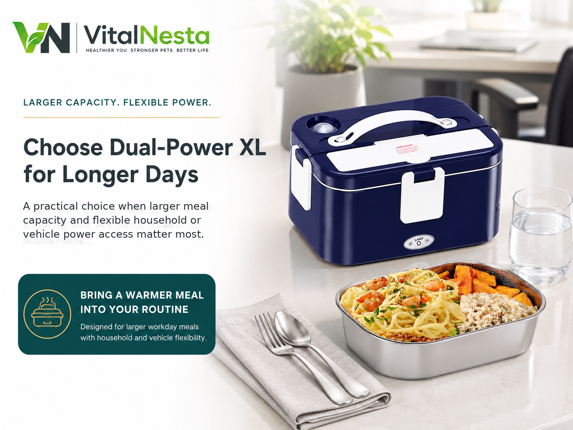 VitalHeat Dual-Power Electric Lunch Box XL beside a prepared meal for workday meal warming