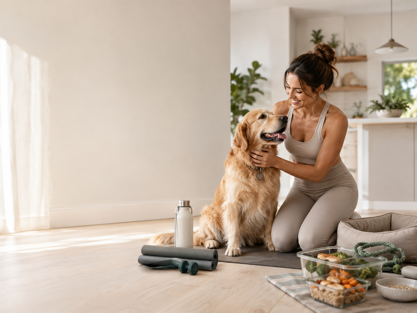 Woman kneeling beside a golden retriever in a bright home with everyday wellness essentials.