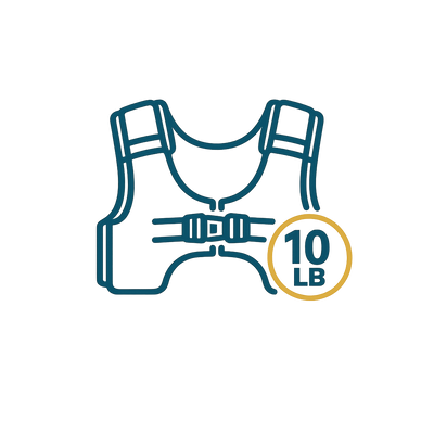 Line icon of a weighted training vest with a 10 lb indicator.