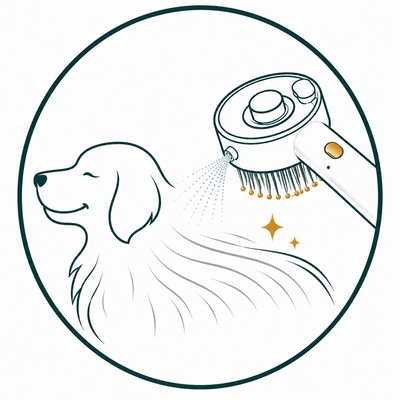 VitalGroom brush releasing a controlled fine mist across pet fur