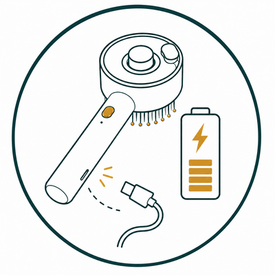 Rechargeable VitalGroom brush beside a battery and USB charging symbol