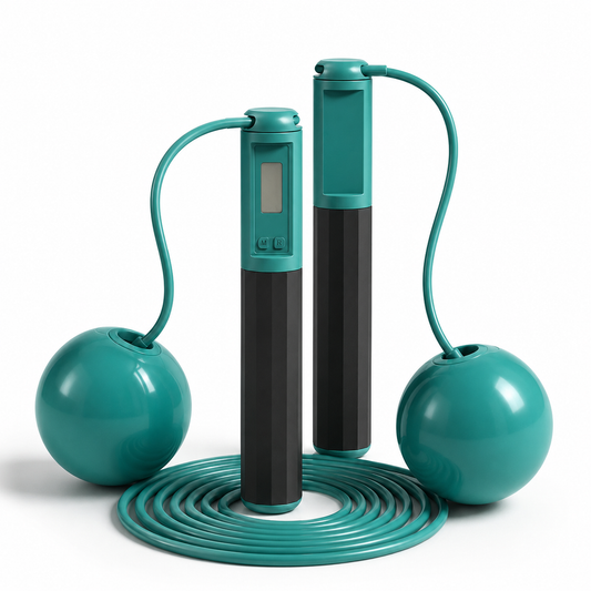 VitalFlex Digital Jump Rope in Ink Green with two handles, adjustable PVC rope, and cordless weighted-ball attachments