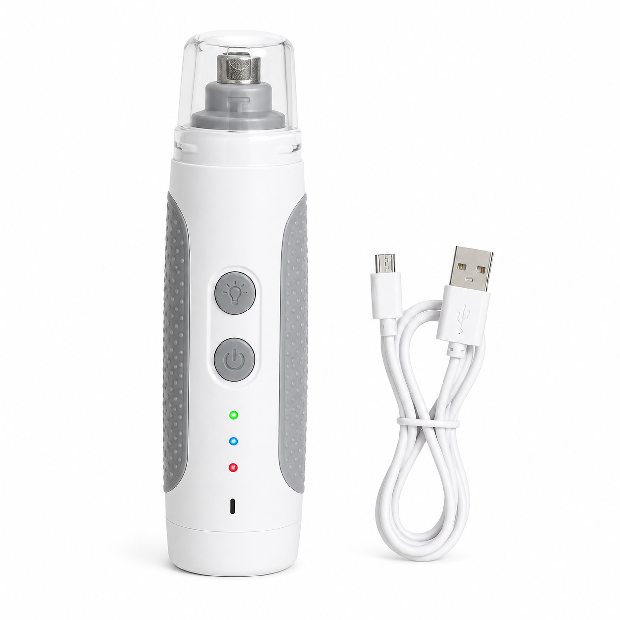 White rechargeable pet nail grinder with gray grip panels