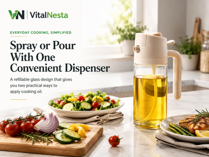 VitalHeat 2-in-1 glass oil sprayer and pourer in a bright modern kitchen beside fresh meal-prep ingredients