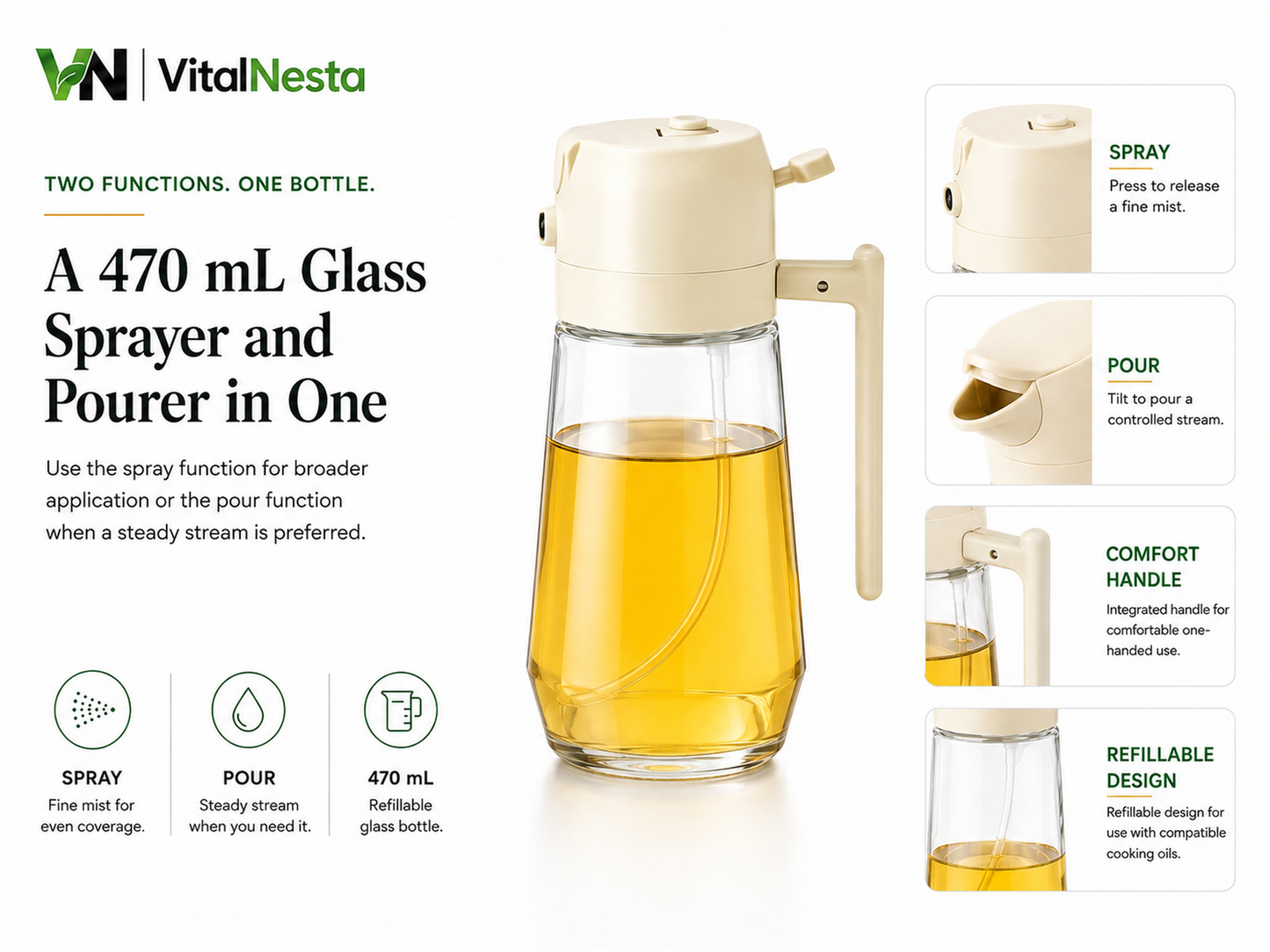 Beige VitalHeat 470 mL glass oil sprayer and pourer showing spray and pour functions