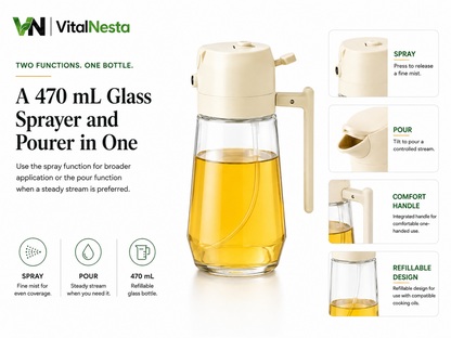 Beige VitalHeat 470 mL glass oil sprayer and pourer showing spray and pour functions