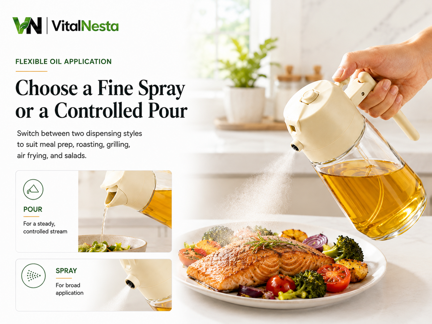 VitalHeat oil dispenser demonstrating fine spray and controlled pour for everyday cooking