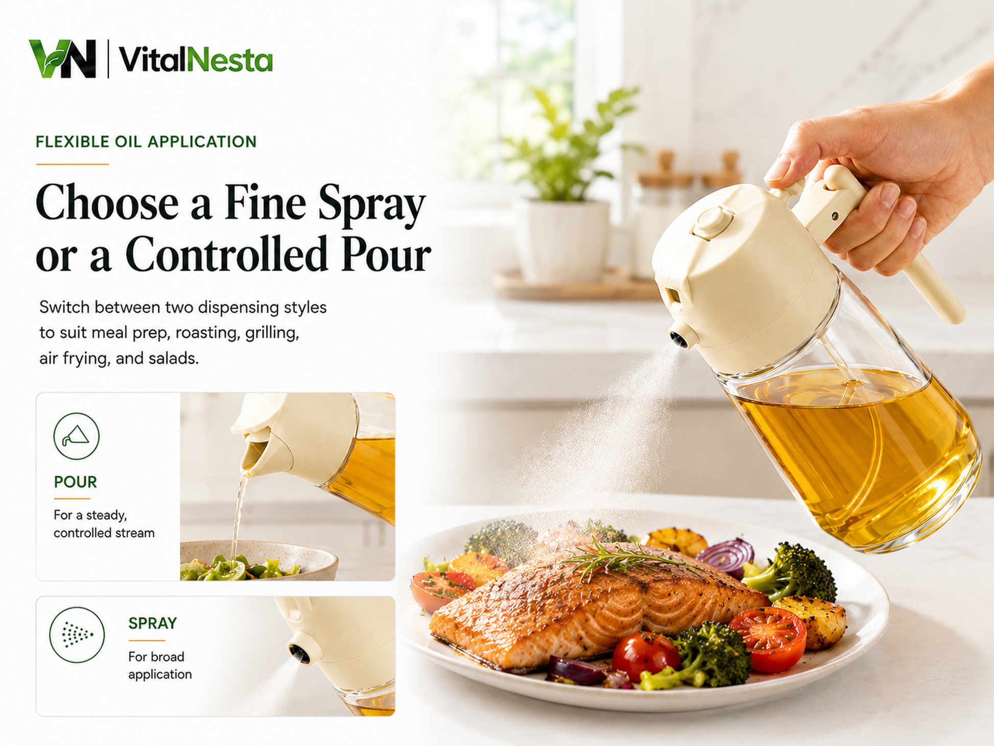 VitalHeat oil dispenser demonstrating fine spray and controlled pour for everyday cooking