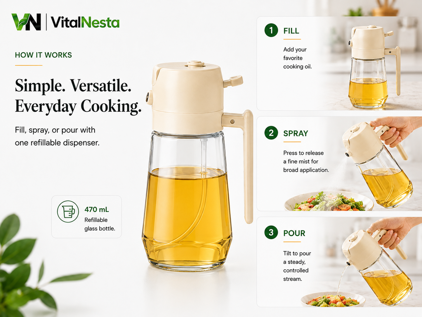 How to fill, spray, and pour with the VitalHeat 2-in-1 glass oil dispenser