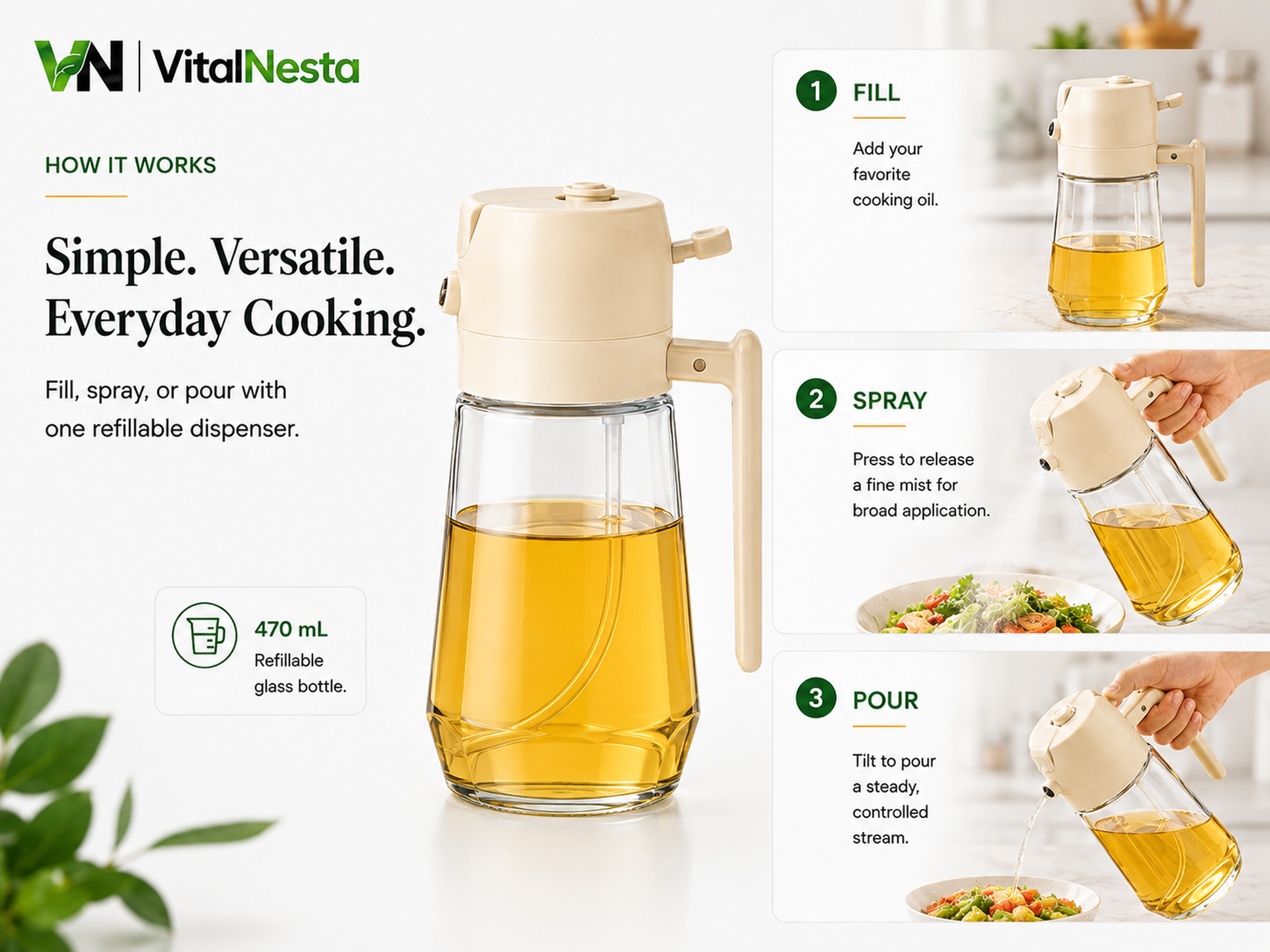 How to fill, spray, and pour with the VitalHeat 2-in-1 glass oil dispenser