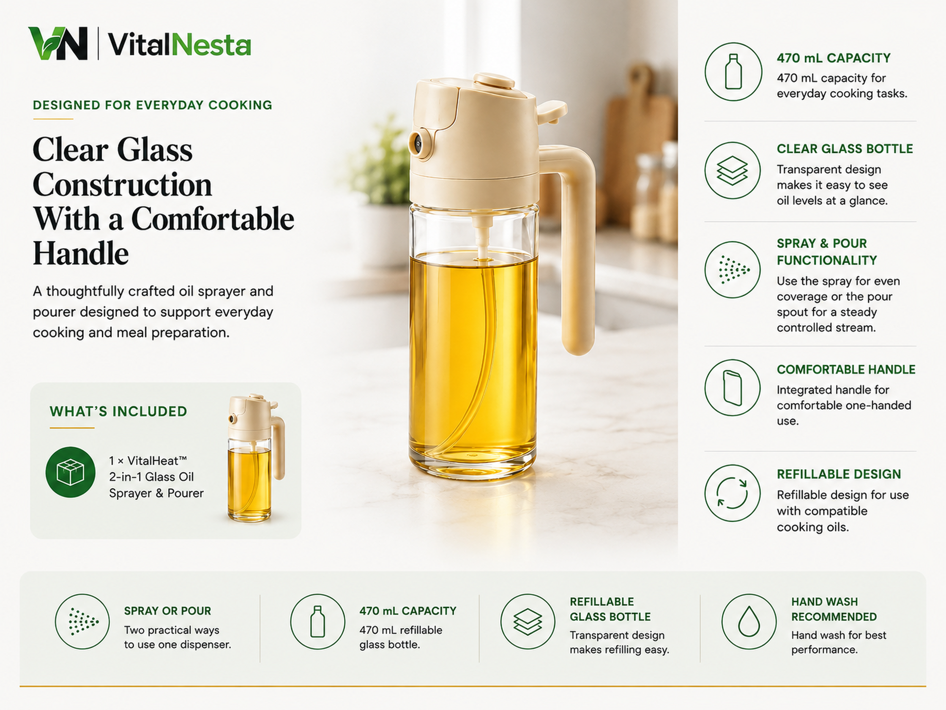 VitalHeat glass oil sprayer details with 470 mL capacity, integrated handle, and included single bottle