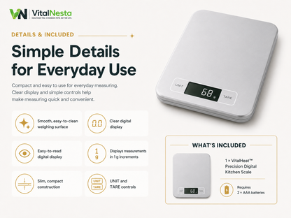VitalHeat kitchen scale details, controls, included scale, and AAA battery requirement