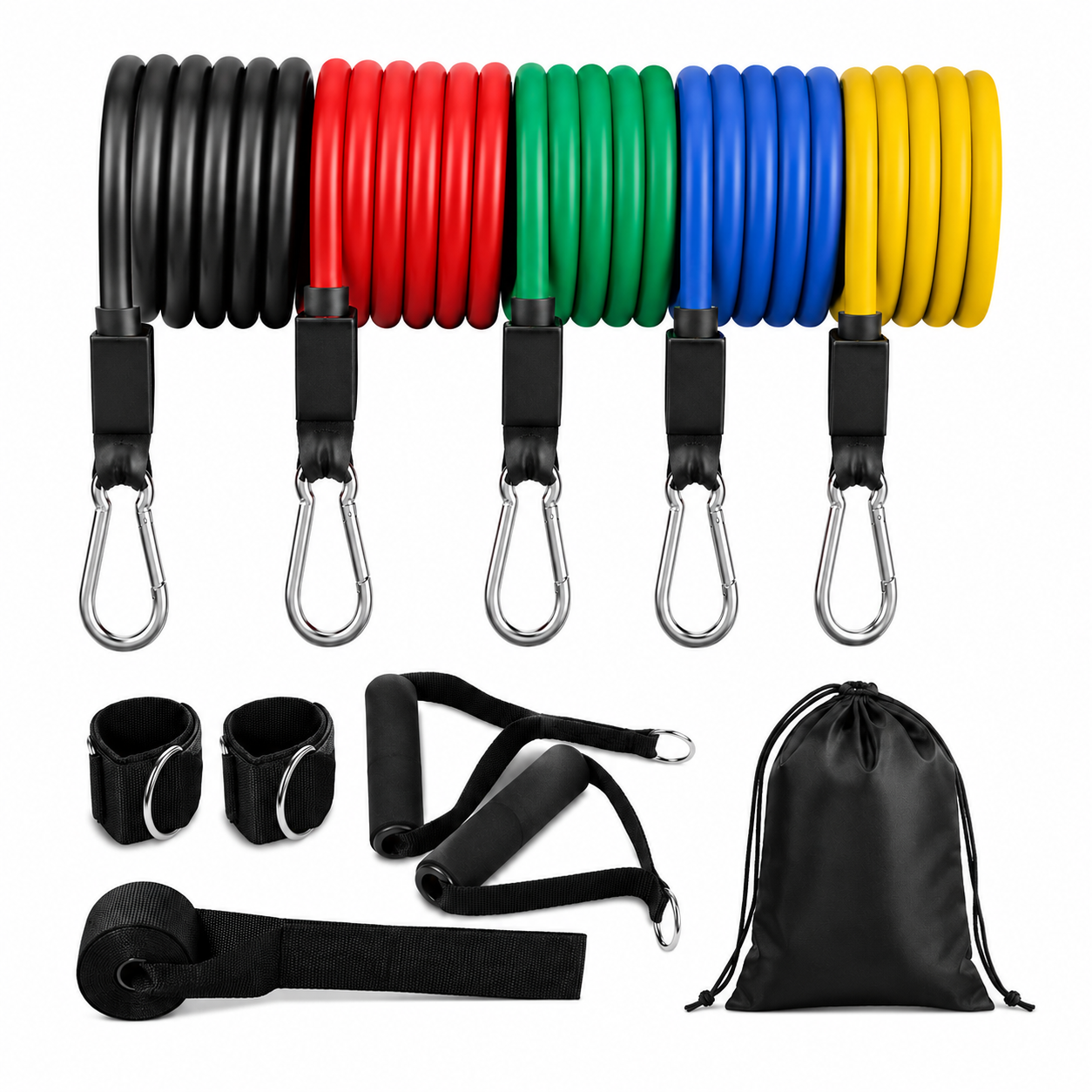 VitalFlex 11-piece home gym resistance kit with five colored resistance tubes, handles, ankle straps, door anchor, and storage pouch