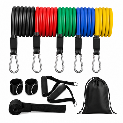 VitalFlex 11-piece home gym resistance kit with five colored resistance tubes, handles, ankle straps, door anchor, and storage pouch