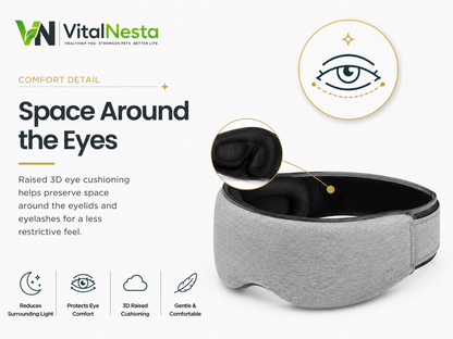 VitalRelief™ Modular Sleep Recovery Mask highlighting raised 3D eye cushioning and space around the eyelids and eyelashes