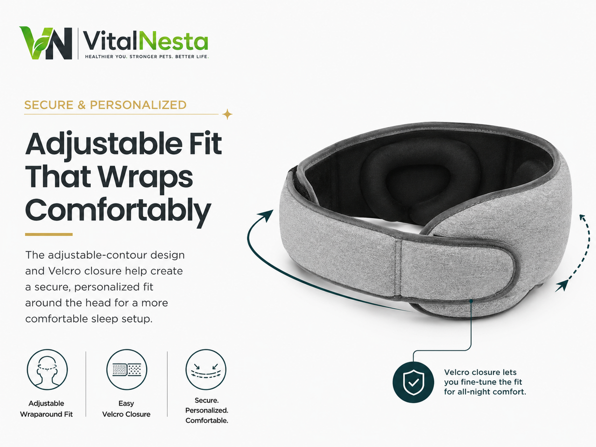 VitalRelief™ Modular Sleep Recovery Mask showing its adjustable wraparound fit and Velcro closure