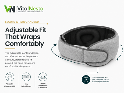 VitalRelief™ Modular Sleep Recovery Mask showing its adjustable wraparound fit and Velcro closure