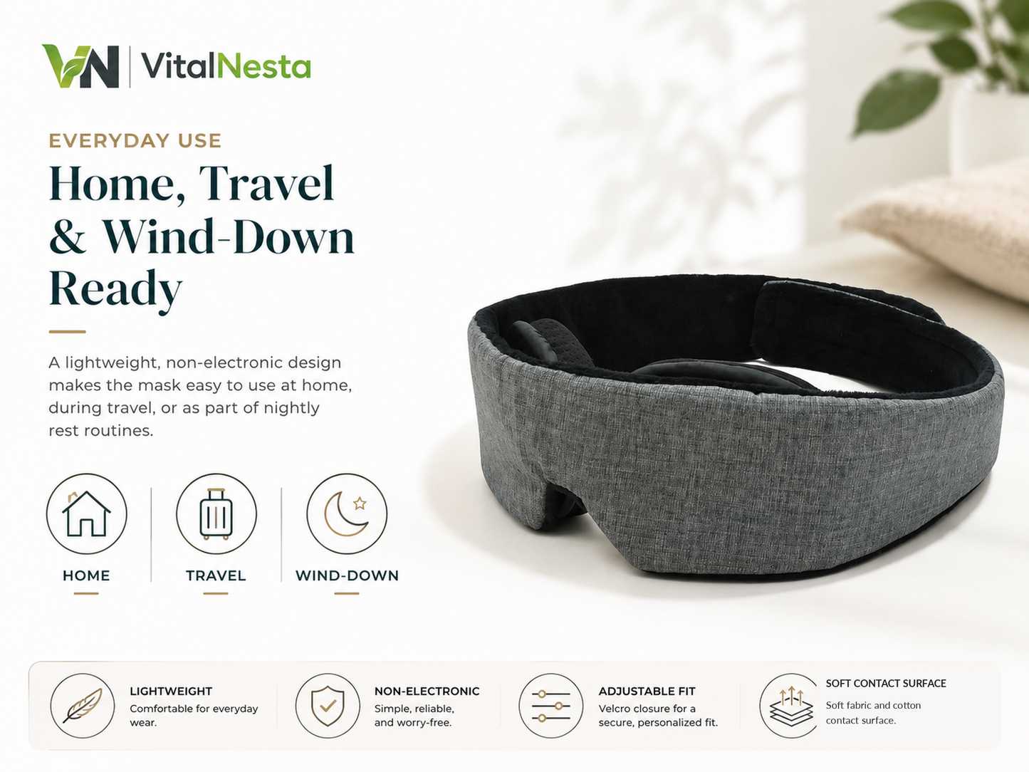 VitalRelief™ Modular Sleep Recovery Mask presented for home, travel, and wind-down use with a lightweight non-electronic design