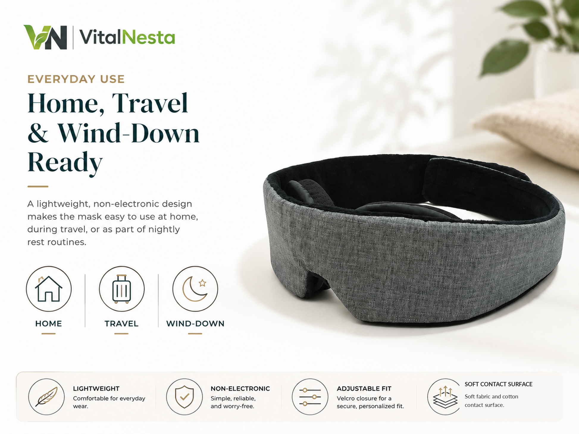 VitalRelief™ Modular Sleep Recovery Mask presented for home, travel, and wind-down use with a lightweight non-electronic design