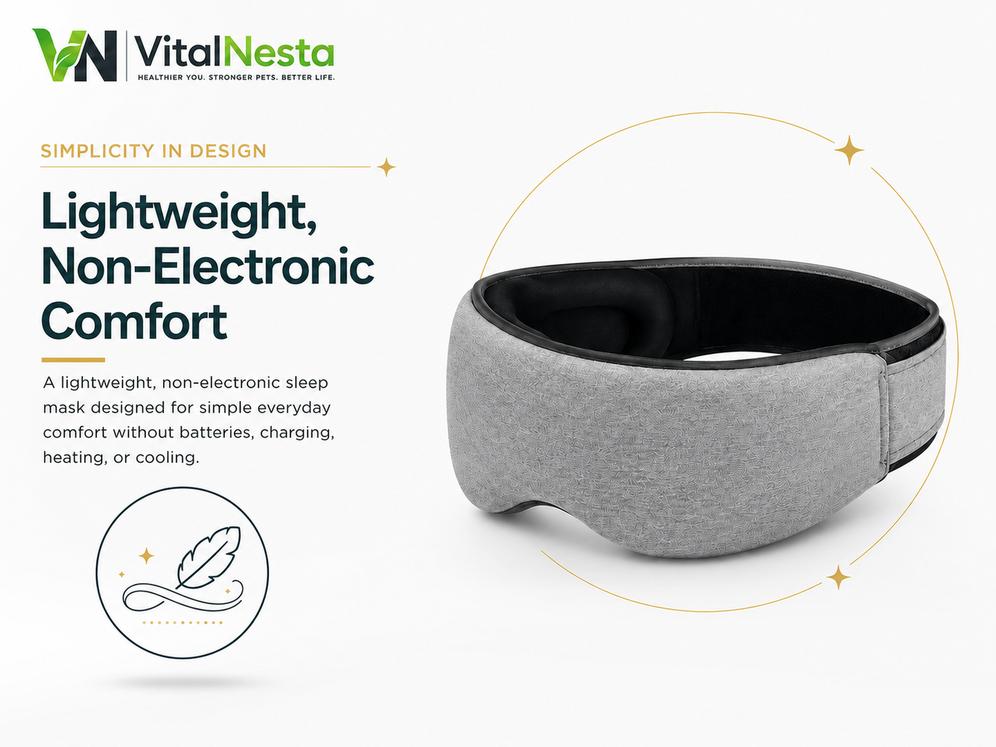 VitalRelief™ Modular Sleep Recovery Mask highlighting lightweight non-electronic comfort without batteries or charging