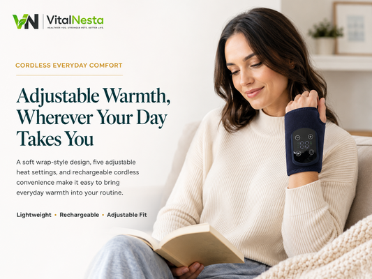 VitalRelief™ Rechargeable Warming Wrist Wrap worn on the wrist during an everyday comfort routine
