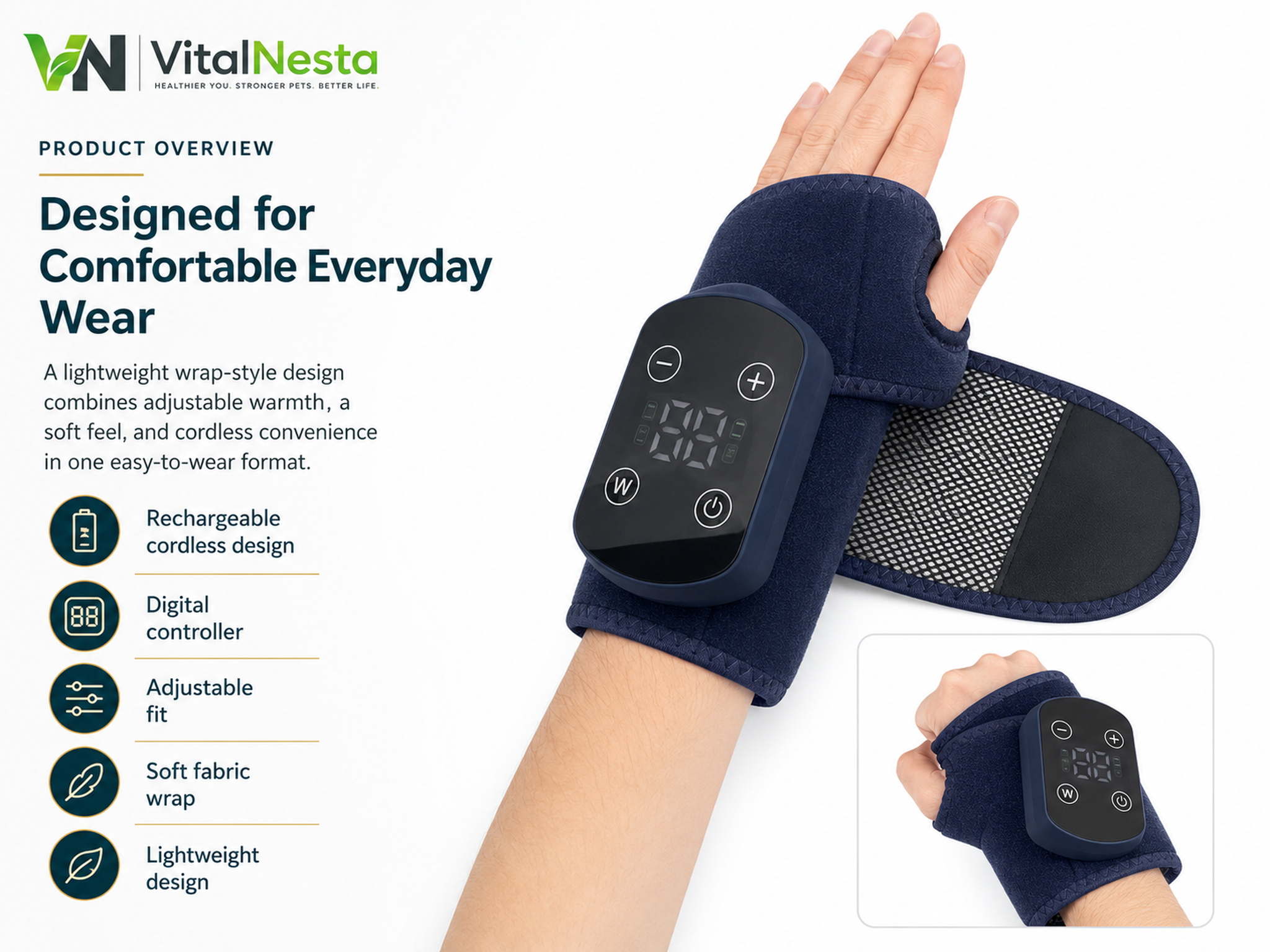 VitalRelief™ Rechargeable Warming Wrist Wrap showing its soft wrap, adjustable fit, and digital controller