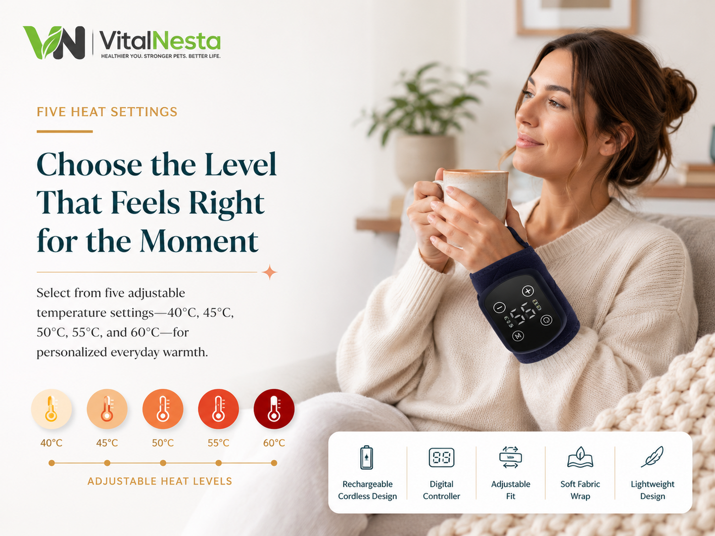 VitalRelief™ Rechargeable Warming Wrist Wrap showing five heat settings from 40°C to 60°C