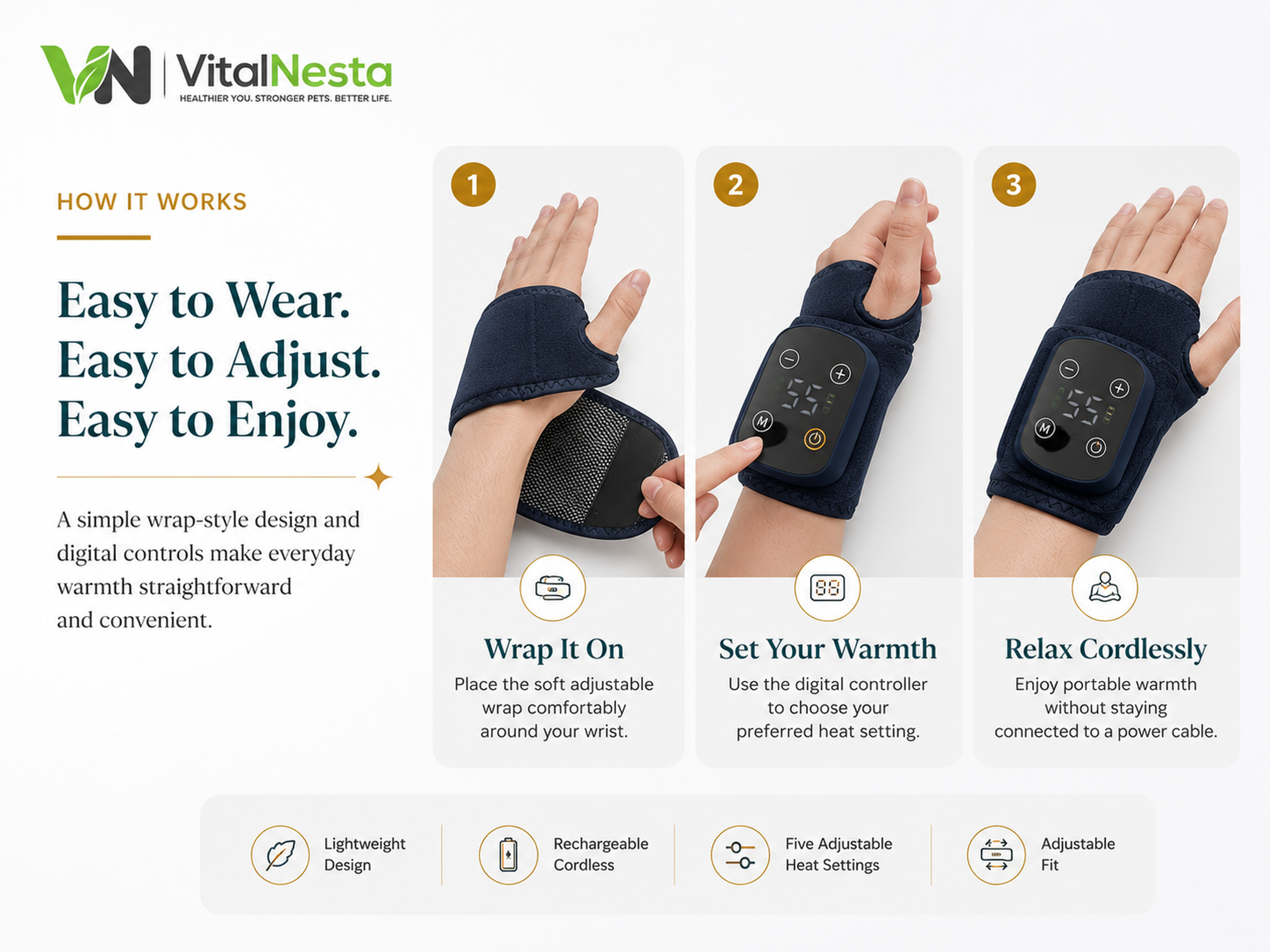 VitalRelief™ Rechargeable Warming Wrist Wrap showing how to wrap, adjust warmth, and use it cordlessly