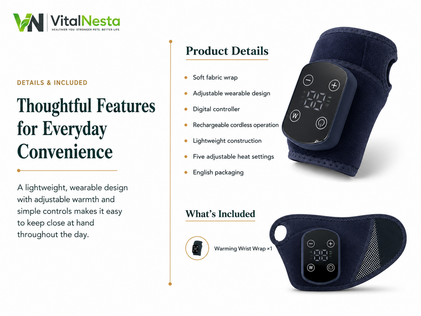 VitalRelief™ Rechargeable Warming Wrist Wrap product details with one wrist wrap included