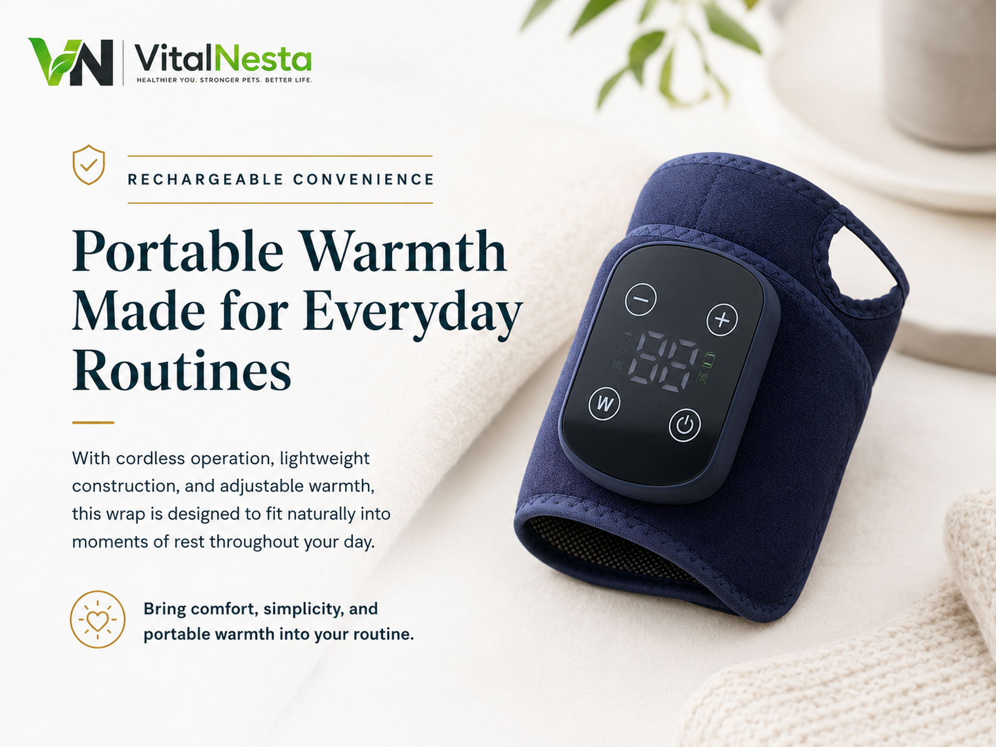 VitalRelief™ Rechargeable Warming Wrist Wrap presented for portable everyday warmth with cordless operation