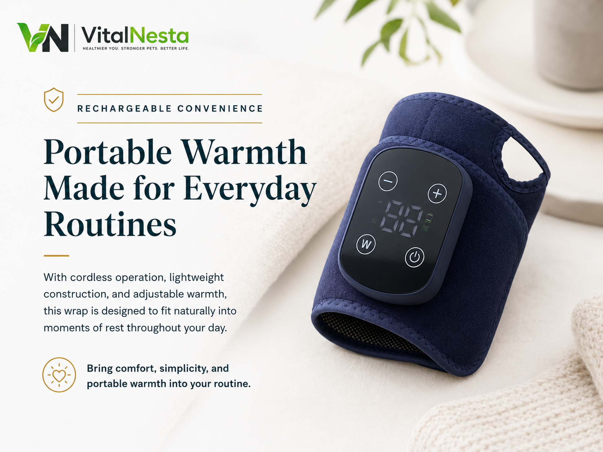 VitalRelief™ Rechargeable Warming Wrist Wrap presented for portable everyday warmth with cordless operation