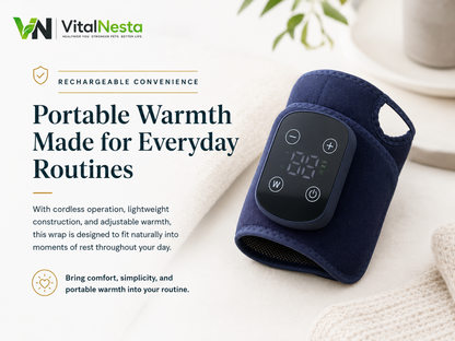 VitalRelief™ Rechargeable Warming Wrist Wrap presented for portable everyday warmth with cordless operation