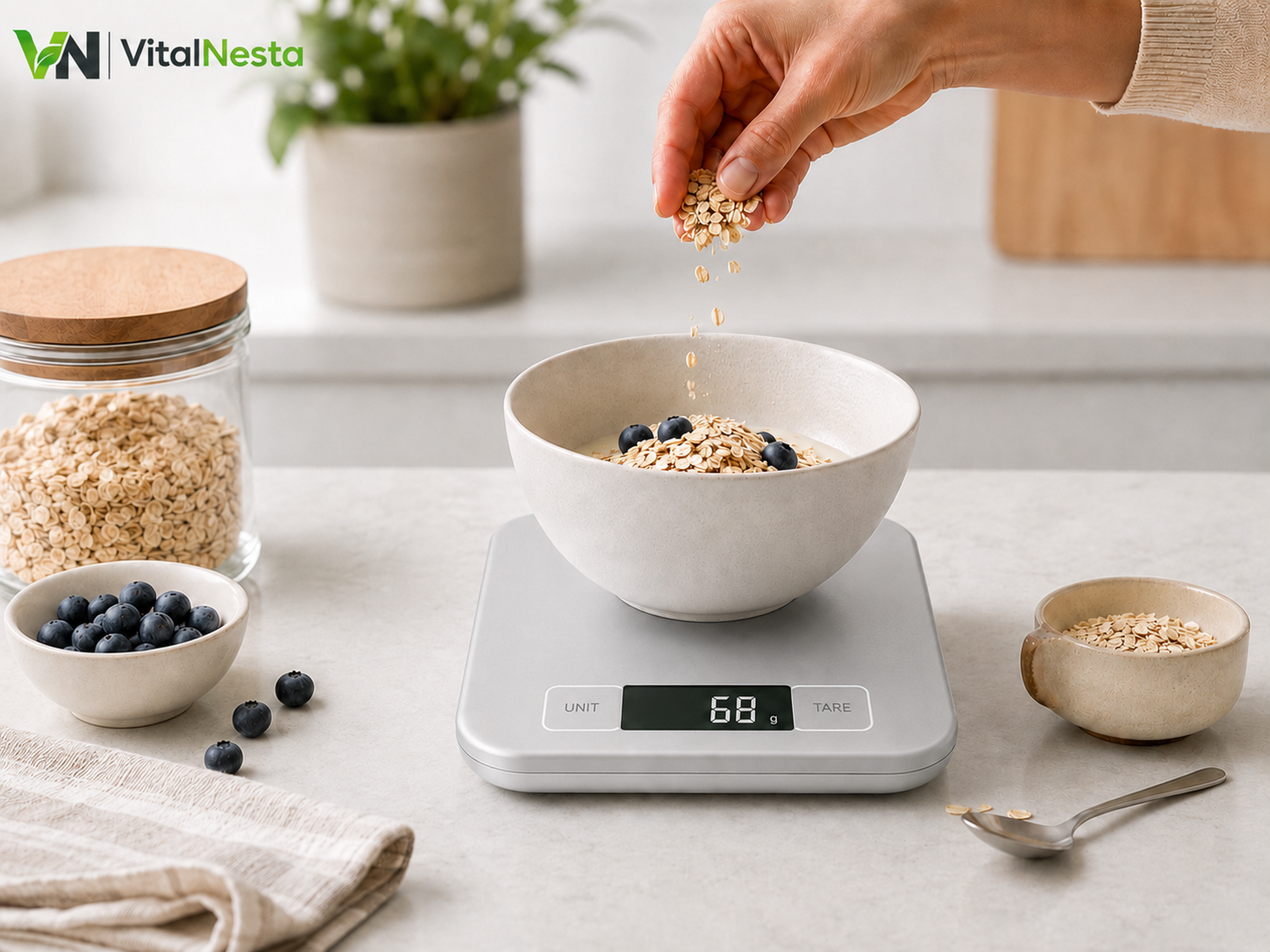 VitalHeat Precision Digital Kitchen Scale measuring oats in a modern kitchen