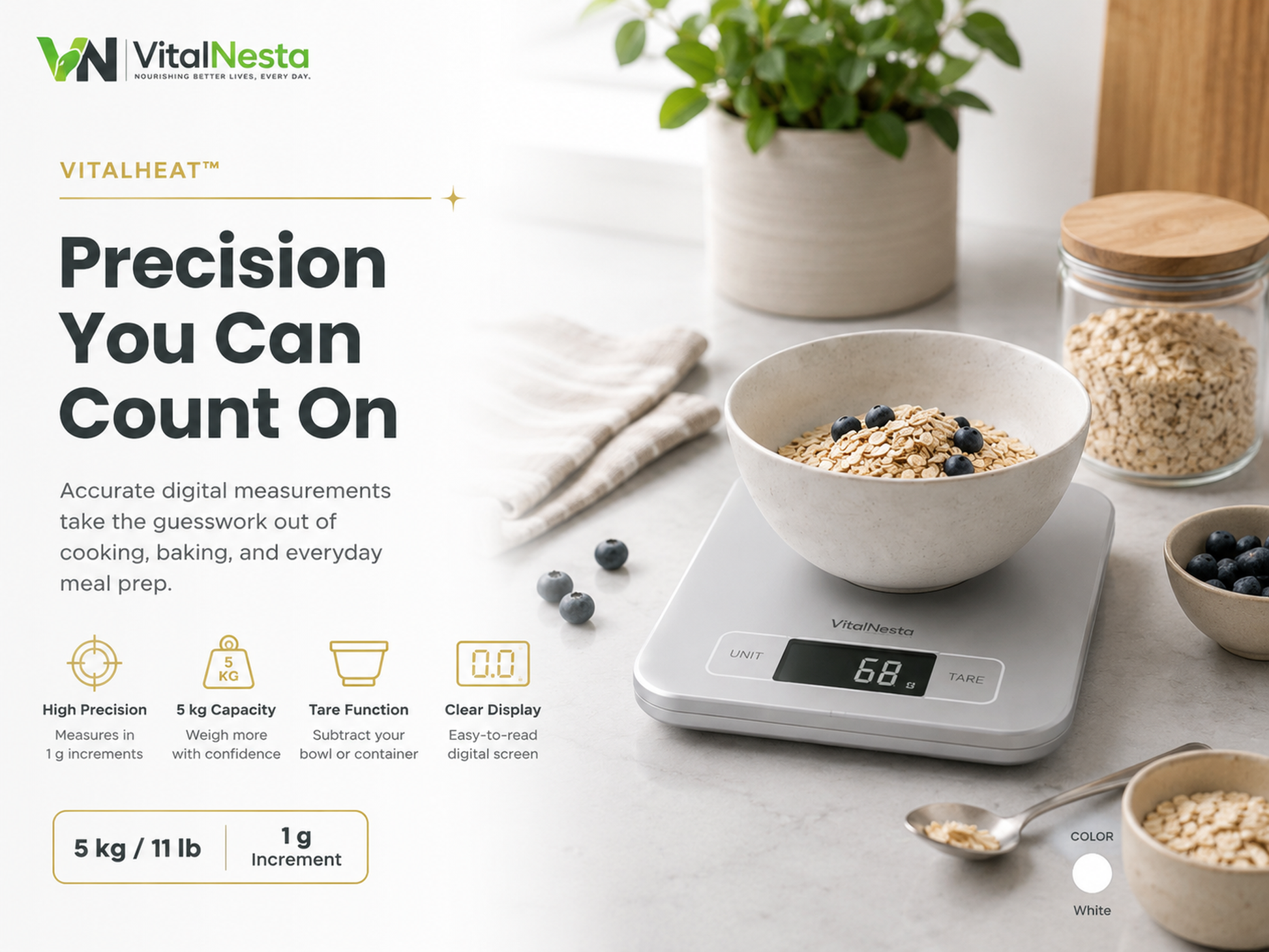 VitalHeat kitchen scale showing 5 kilogram capacity, 1 gram increments, tare function, and digital display