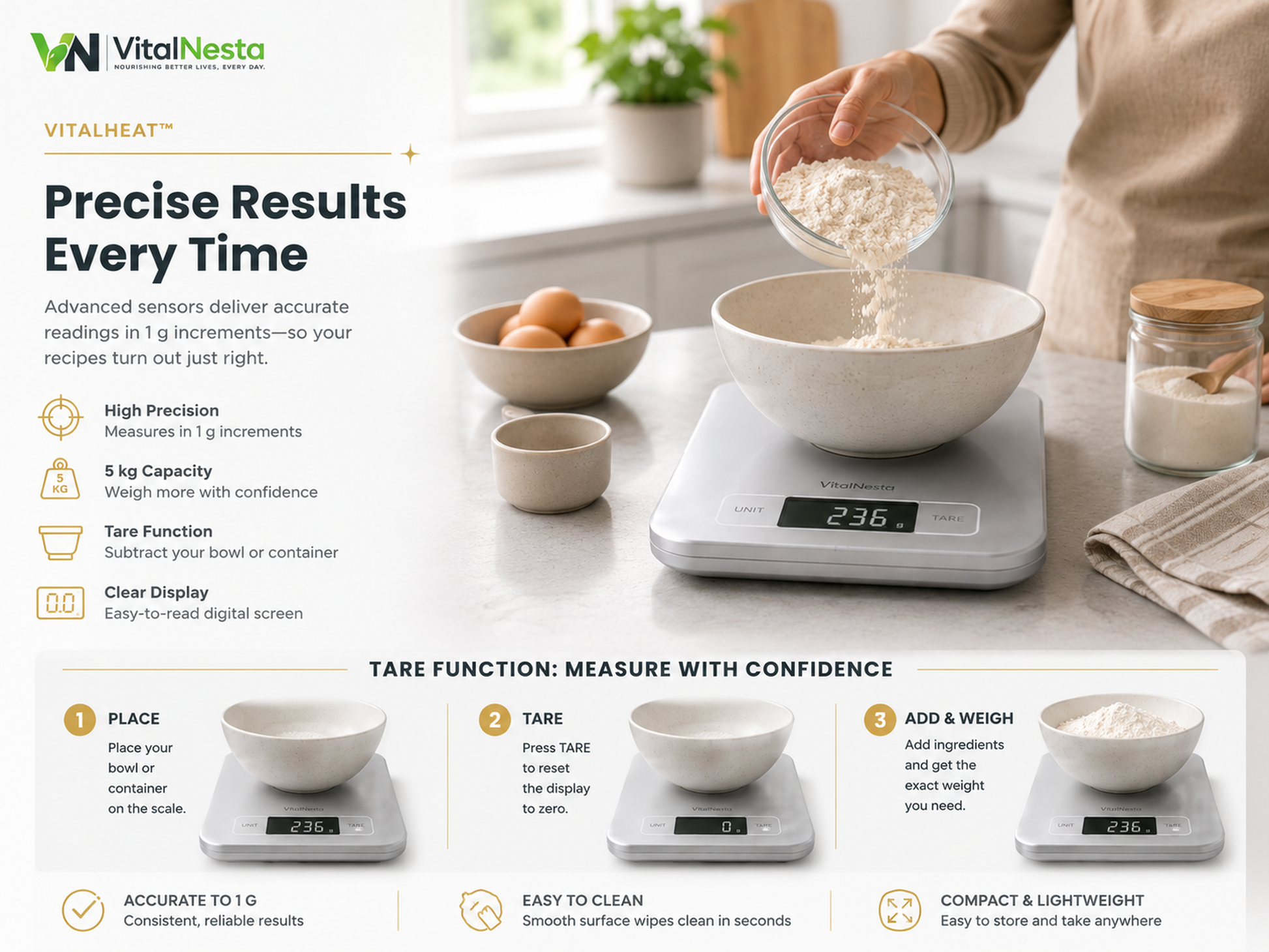 VitalHeat digital kitchen scale measuring baking ingredients in 1 gram increments