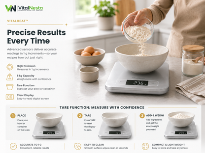 VitalHeat digital kitchen scale measuring baking ingredients in 1 gram increments