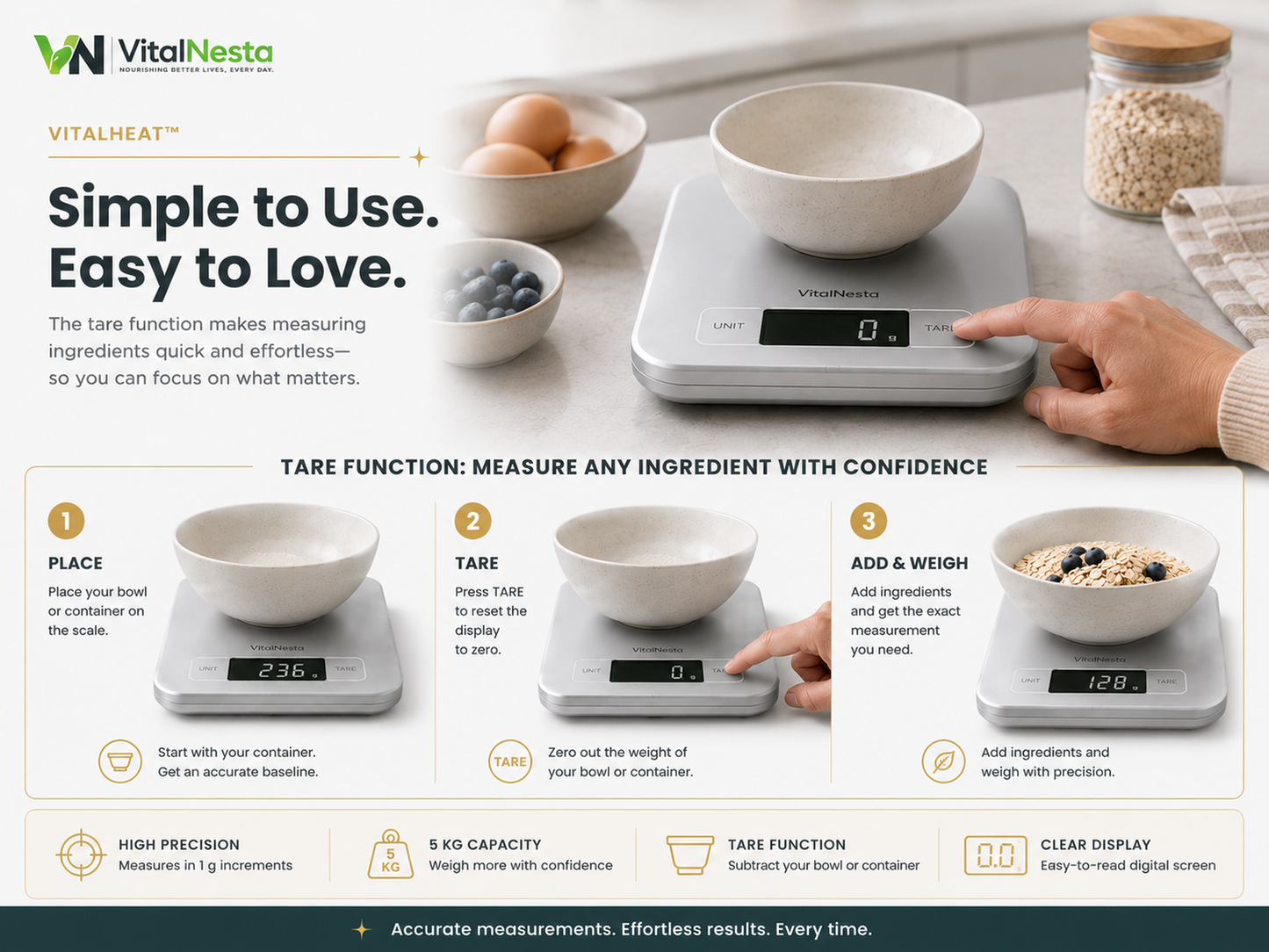 Three-step tare function instructions for the VitalHeat digital kitchen scale