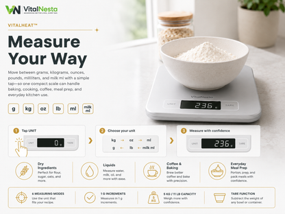 VitalHeat kitchen scale showing six dry and liquid measurement modes